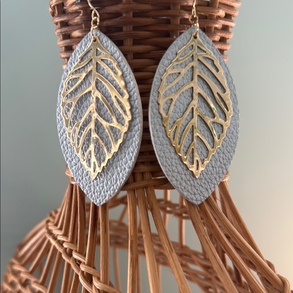 Gray and Gold Leaf Earrings